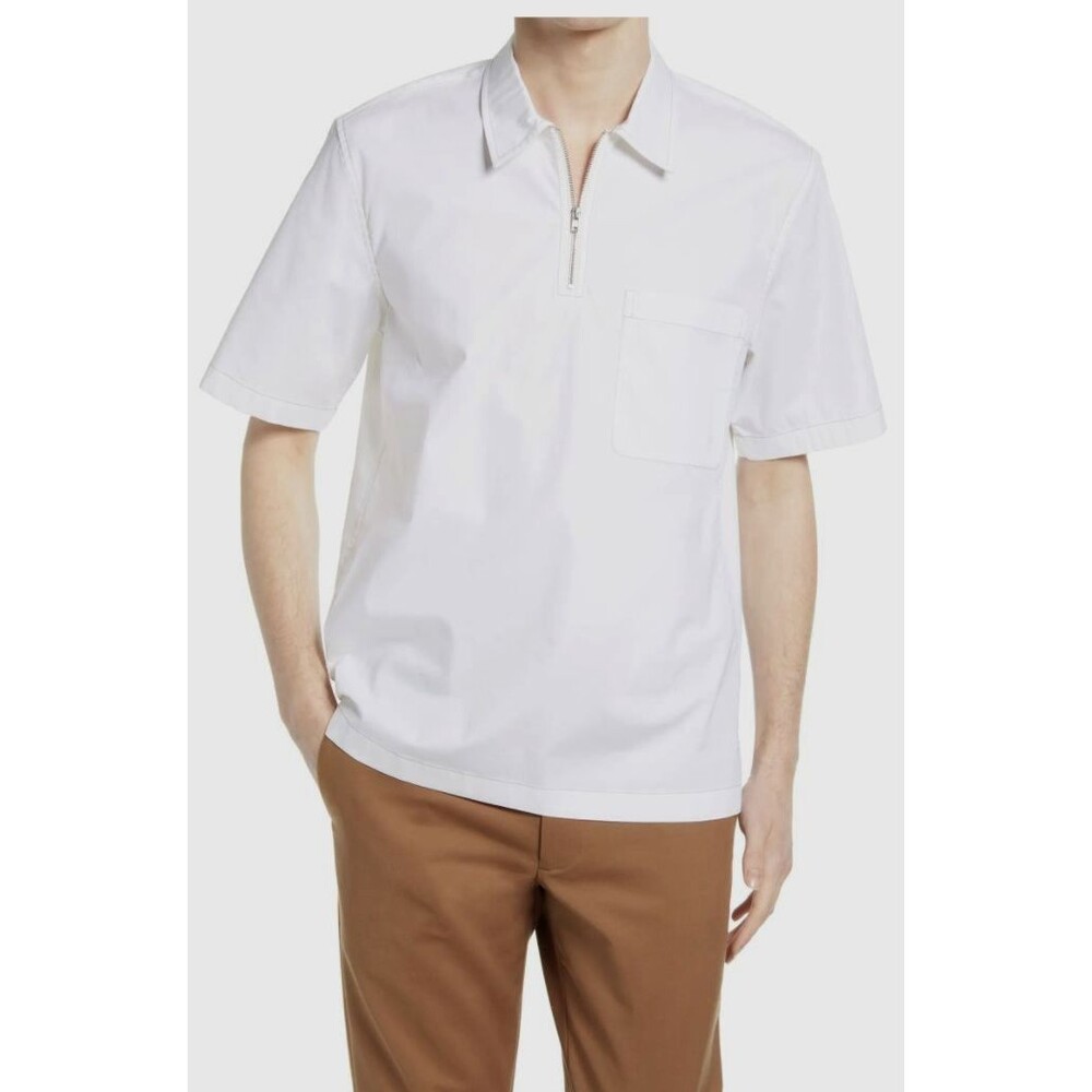 Club Monaco Men's Quarter Zip Popover Shirt Short Sleeve Size S Chemise White